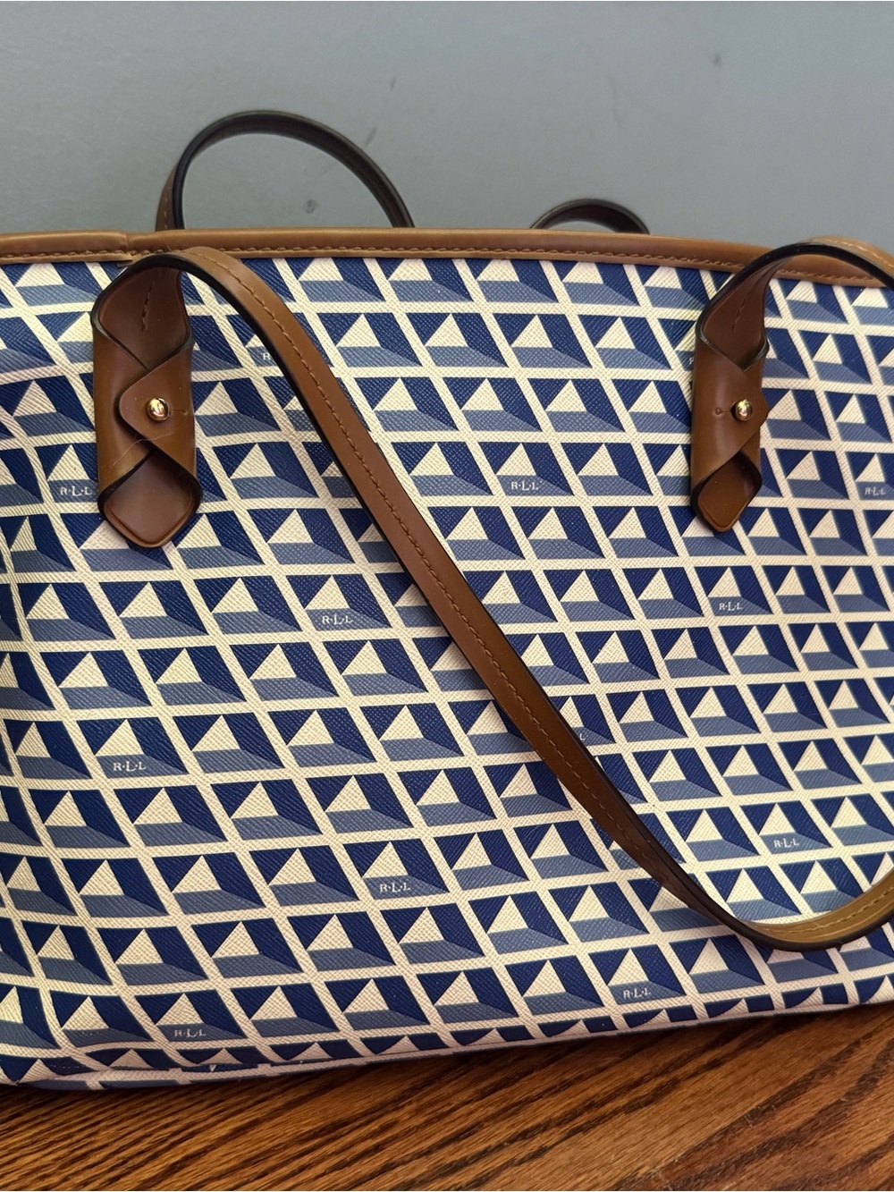 Lauren Ralph Lauren Blue and White Tile Tote with Brown Trim